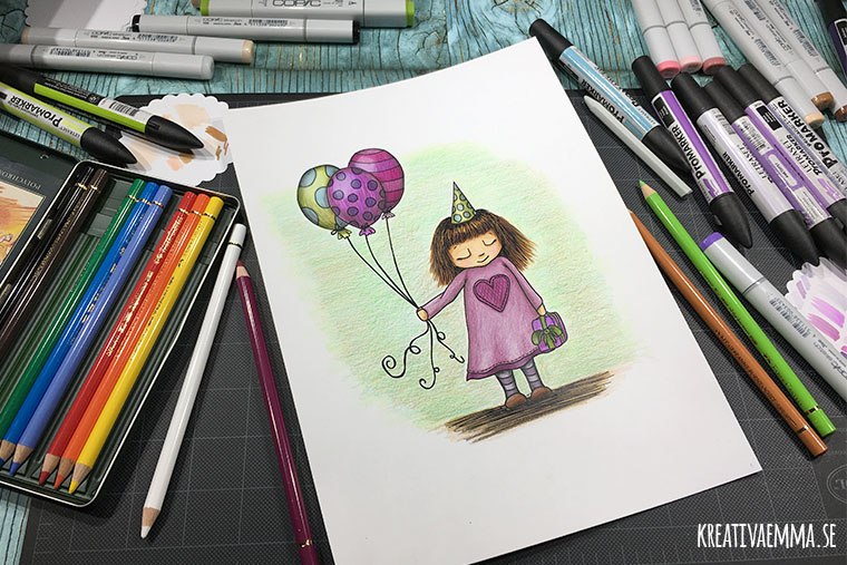 teckning illustration flicka med ballonger